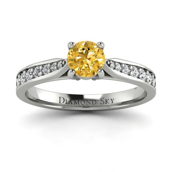 Świeża klasyka - Pierścionek zaręczynowy, białe złoto, 585, żółty brylant, diamenty