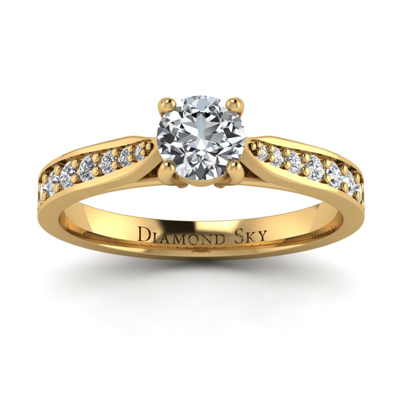 Świeża klasyka - Pierścionek zaręczynowy, żółte złoto, biały szafir, diamenty