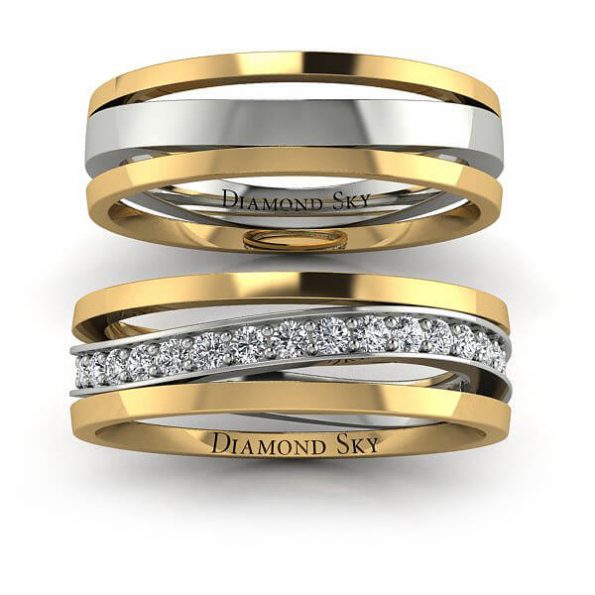 Współczesne piękno - Ażurowe obrączki ślubne z białego i żółtego złota z diamentami