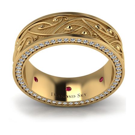 Miłosne połączenie - Obrączka ślubna z ornamentem z żółtego złota z diamentami i rubinami