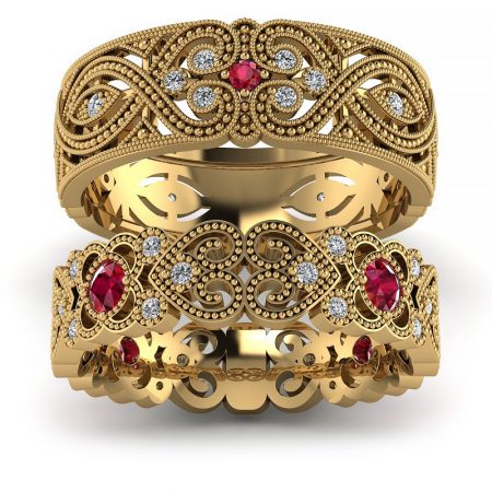 Blask serca - Ażurowe obrączki ślubne z żółtego złota z rubinami i diamentami
