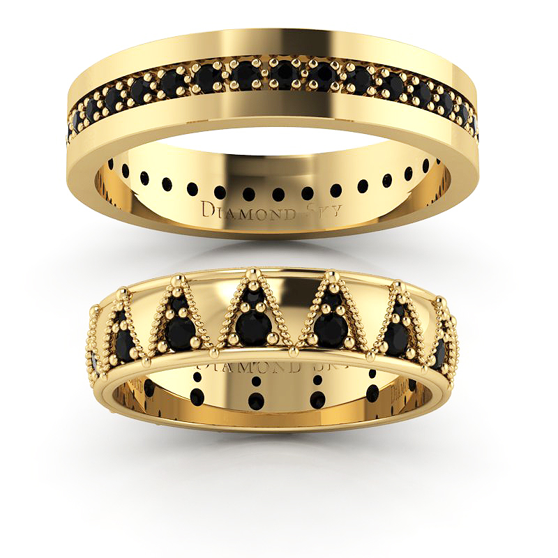 Tajemniczość diamentów - Komplet obrączek ślubnych z żółtego złota z czarnymi diamentami