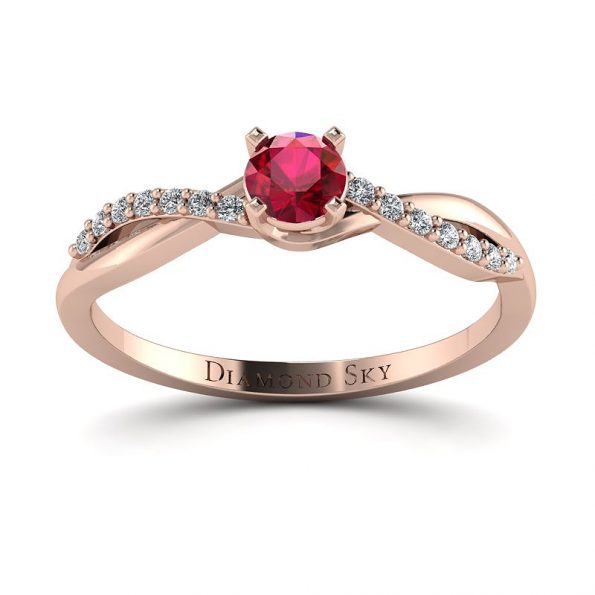 Delikatny blask - Pierścionek zaręczynowy z różowego złota z rubinem i diamentami