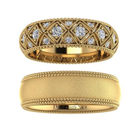 Wytworna elegancja - Ażurowe obrączki ślubne, żółte złoto, diamenty, mat
