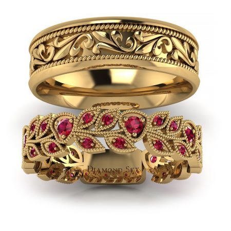 Naturalne piękno - Obrączki ślubne z żółtego złota z rubinami