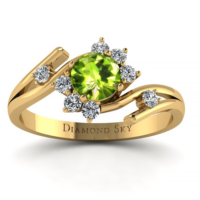 Pierścionek-zaręczynowy-z-żółtego-złota-z-oliwinem-i-diamentami-Kwiat-piękna