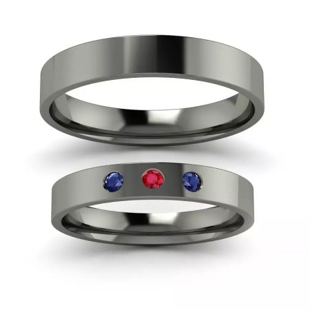 Klasyka w czerni  - Płaskie obrączki ślubne z  czarnego złota z szafirami oraz rubinem, 3mm, 4mm