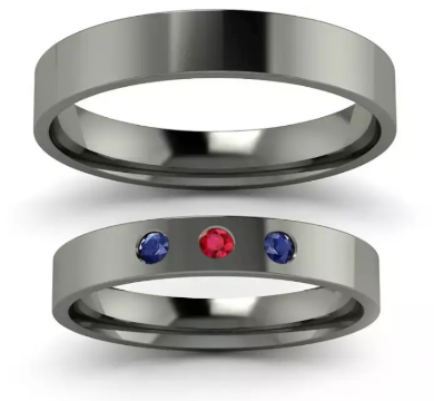 Klasyka w czerni - Płaskie obrączki ślubne z czarnego złota z szafirami oraz rubinem, 3mm, 4mm