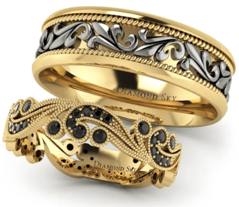 Obrączki „Fantazja ornamentu”, wykonane z żółtego i czarnego złota