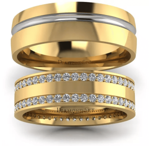 Obrączki „Luksusowy promień” z żółtego i białego złota z dwoma rzędami diamentów