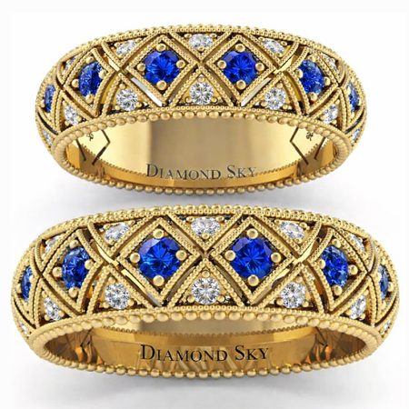 Piękno ornamentu - Obrączki ślubne z ornamentem z żółtego złota z brylantami oraz szafirami