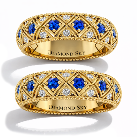 Piękno ornamentu - Obrączki ślubne z ornamentem z żółtego złota z brylantami oraz szafirami