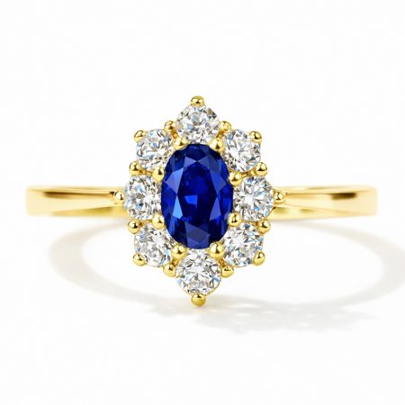 Diamentowa Elipsa - Pierścionek zaręczynowy z żółtego złota z szafirem i diamentami