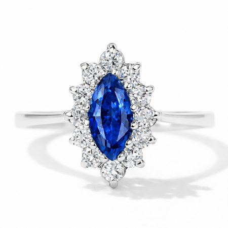 Diamentowa Linia - Pierścionek zaręczynowy z białego złota z szafirem o szlifie markiza i diamentami