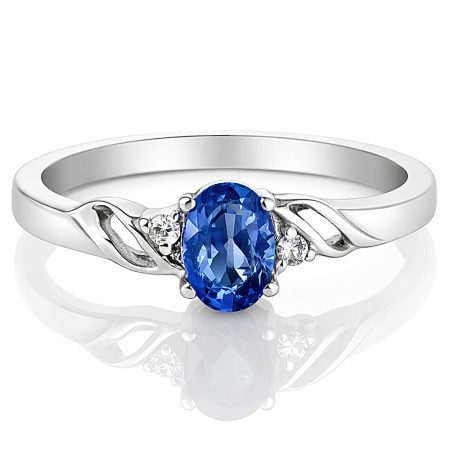 Złota Aura - Pierścionek zaręczynowy, białe złoto, szafir, diamenty