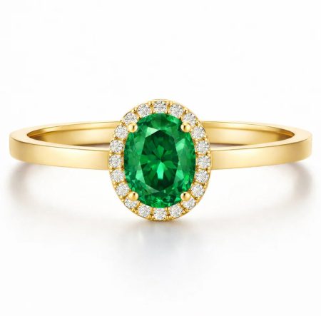 Aureola szmaragdu - Pierścionek zaręczynowy z żółtego złota ze szmaragdem i diamentami