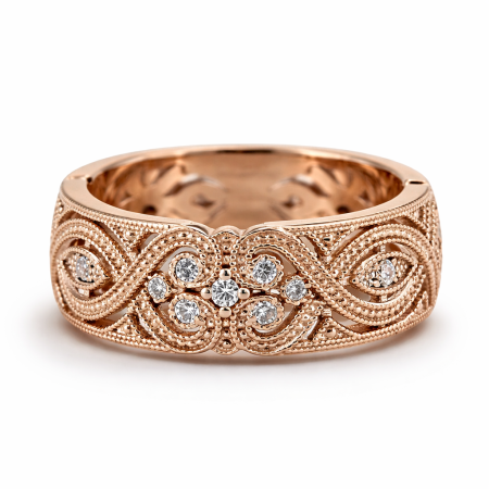 Blask serca - Obrączka - pierścionek z różowego złota, diamenty,