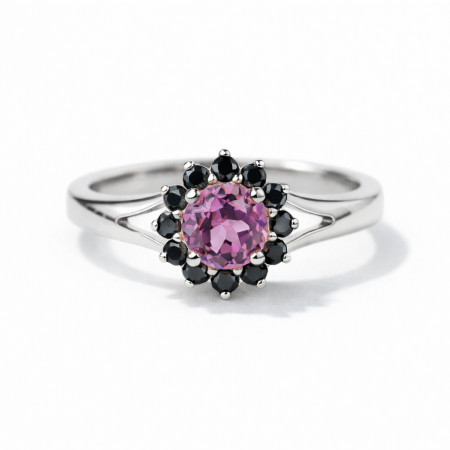 Wiosenny urok - Pierścionek zaręczynowy z białego złota z różowym szafirem i czarnymi diamentami