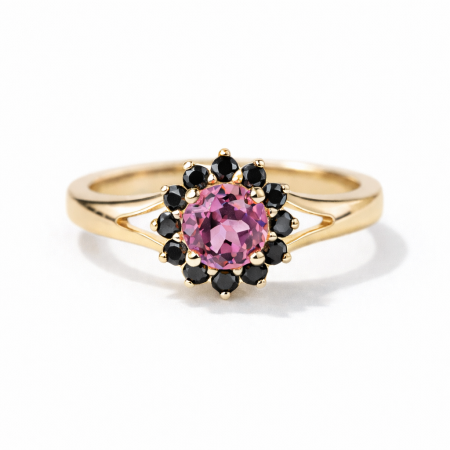 Wiosenny urok - Pierścionek zaręczynowy z żółtego złota z różowym szafirem i czarnymi diamentami