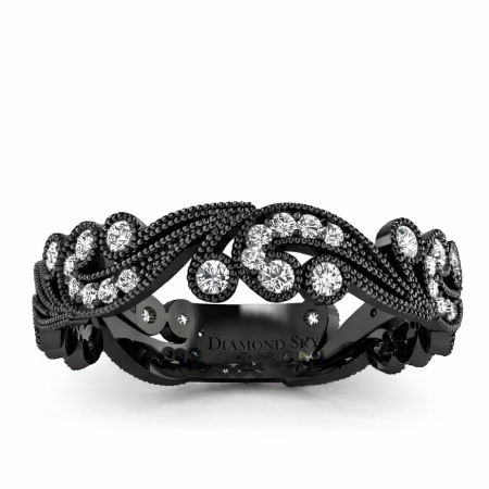 Orientalny szyk - Ażurowa obrączka ślubna z czarnego złota z diamentami
