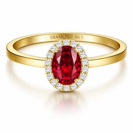 Aureola rubinu - Pierścionek zaręczynowy z żółtego złota z rubinem o szlifie łezka i diamentami