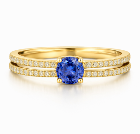 Podwójna Linia Światła - Pierścionek z żółtego złota z szafirem i diamentami