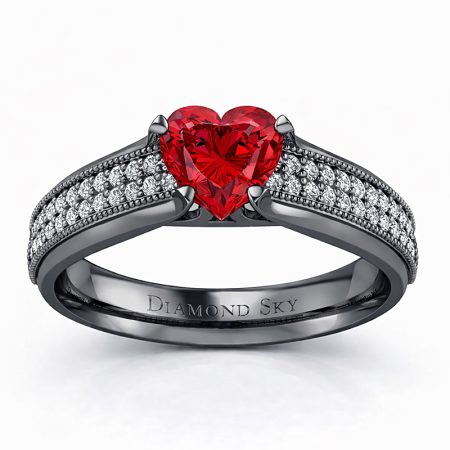 Rubinowe serce - Pierścionek zaręczynowy z czarnego złota z rubinem i diamentami