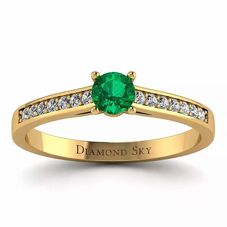 Lśniąca elegancja - pierścionek zaręczynowy, żółte złoto ze szmaragdem i diamentami