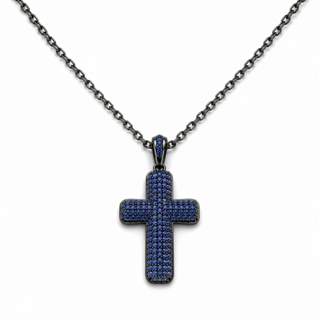Krzyżyk - Zawieszka z czarnego złota z szafirami z łańcuszkiem