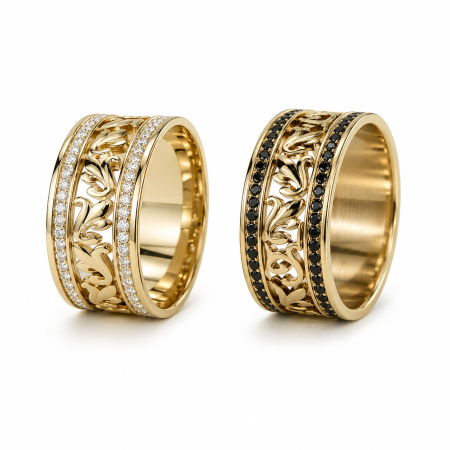 Obrączki ślubne z diamentami – dwukolorowe złoto 585 | Fantazja Ornamentu Diamond Sky