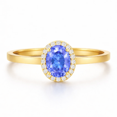 Aureola tanzanitu - Pierścionek zaręczynowy z żółtego złota z tanzanitem i diamentami
