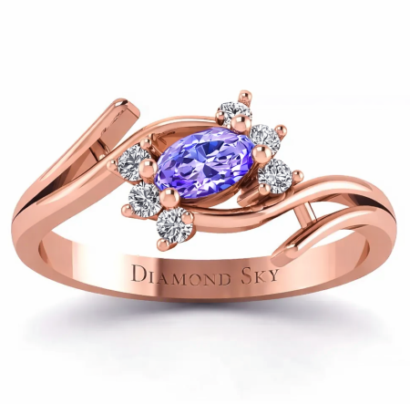 Księżycowa łza - Pierścionek zaręczynowy, tanzanit, różowe złoto, diamenty Si1/H