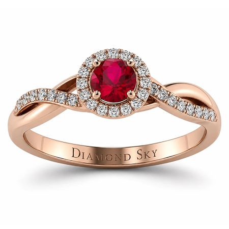 Pierścionek zaręczynowy z rubinem i diamentami– różowe złoto 585, Ruby Halo Light