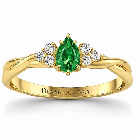 Pierścionek zaręczynowy z żółtego złota z tsavorytem o szlifie łezka i diamentami - Subtelna harmonia