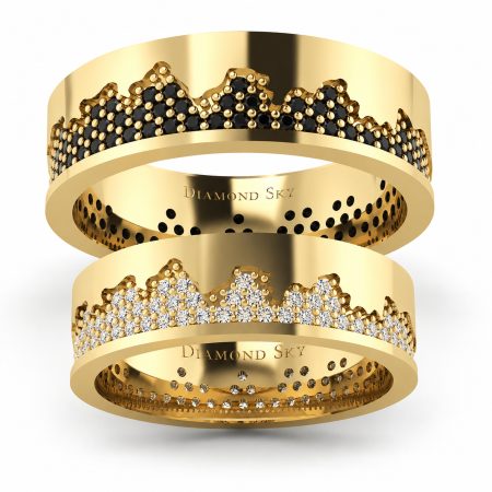 Obrączki ślubne z czarnymi i bezbarwnymi diamentami z żółtego złota 585 „Blask Fantazji” | Diamond Sky