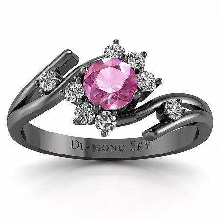 Pierścionek zaręczynowy Diamond Sky, czarne złoto, różowy szafir z diamentami - Kwiat piękna